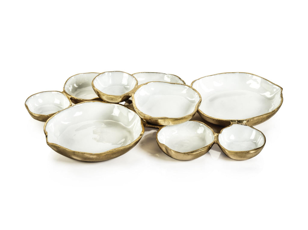 Zodax Gold Cluster of Nine Round Serving Bowls with White Enamel Interior