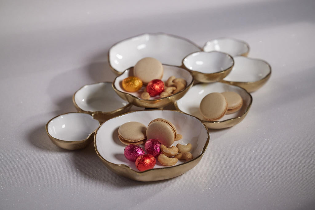 Zodax Gold Cluster of Nine Round Serving Bowls with White Enamel Interior