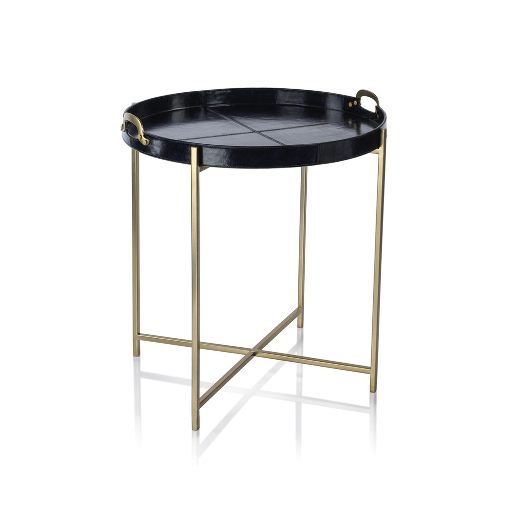 Zodax Blue Harlow Leather with Brass Handles Round Tray on Stand