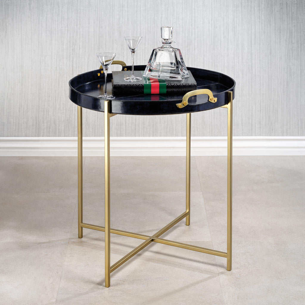 Zodax Blue Harlow Leather with Brass Handles Round Tray on Stand