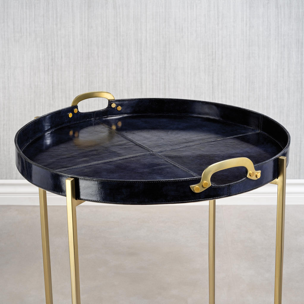 Zodax Blue Harlow Leather with Brass Handles Round Tray on Stand