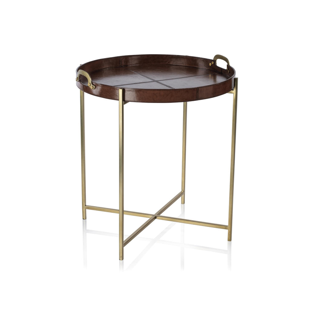 Zodax Tan Harlow Leather with Brass Handles Round Tray on Stand