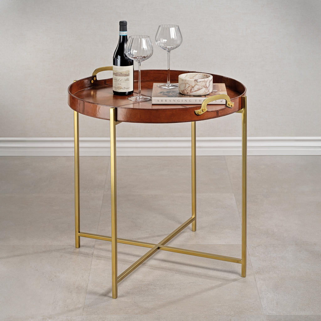 Zodax Tan Harlow Leather with Brass Handles Round Tray on Stand