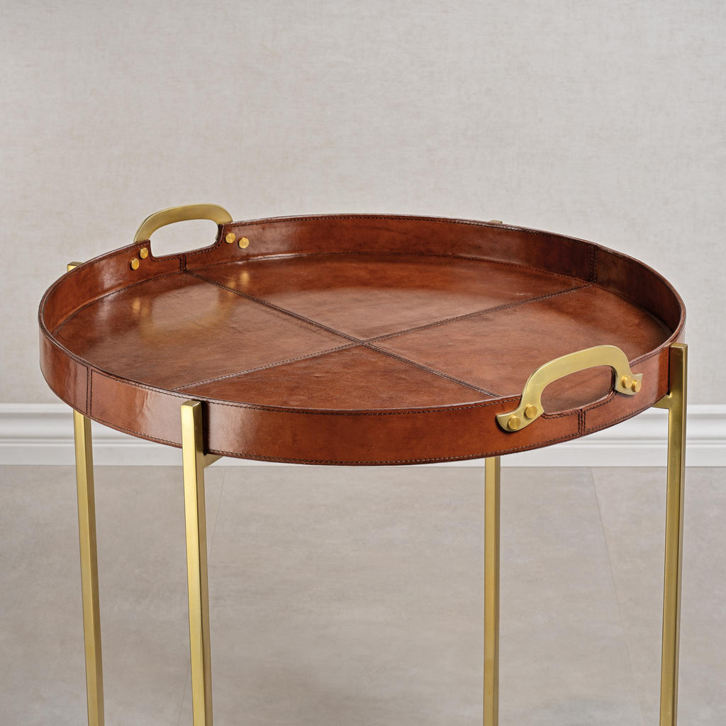 Zodax Tan Harlow Leather with Brass Handles Round Tray on Stand