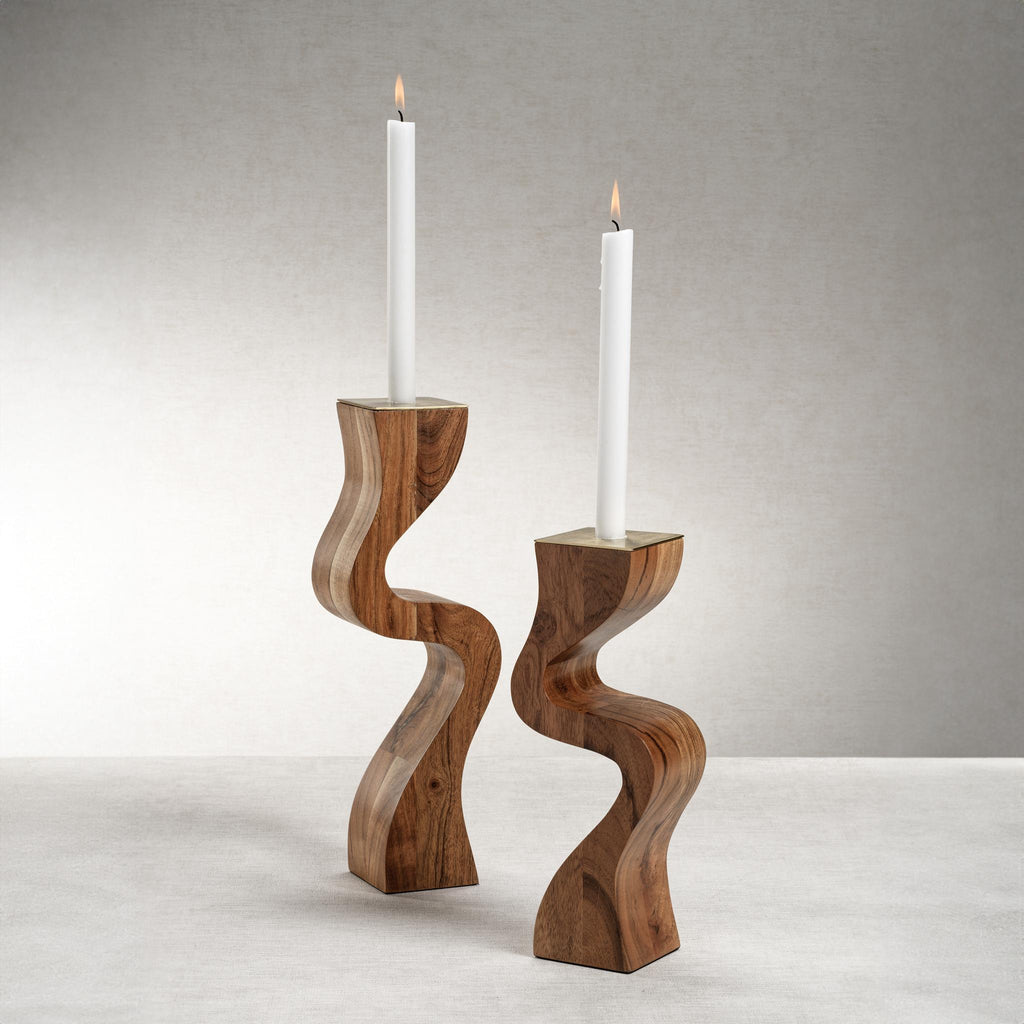 Zodax Small Fano Acacia Wood Taper Candle Holder w/ Metal Trim