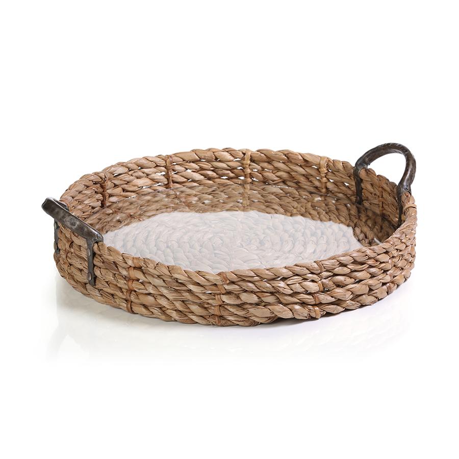 Zodax 20-Inch Diameter Seagrass Rolled Tray with Glass Insert