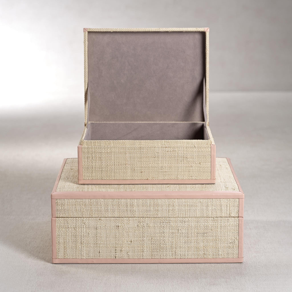 Zodax Small Pink Leather Trim Reggio Natural Fiber Raffia Decorative Box