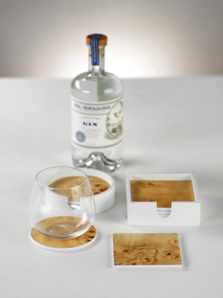 Zodax 4-Piece Burl Wood White Coaster Set with Holder, Round