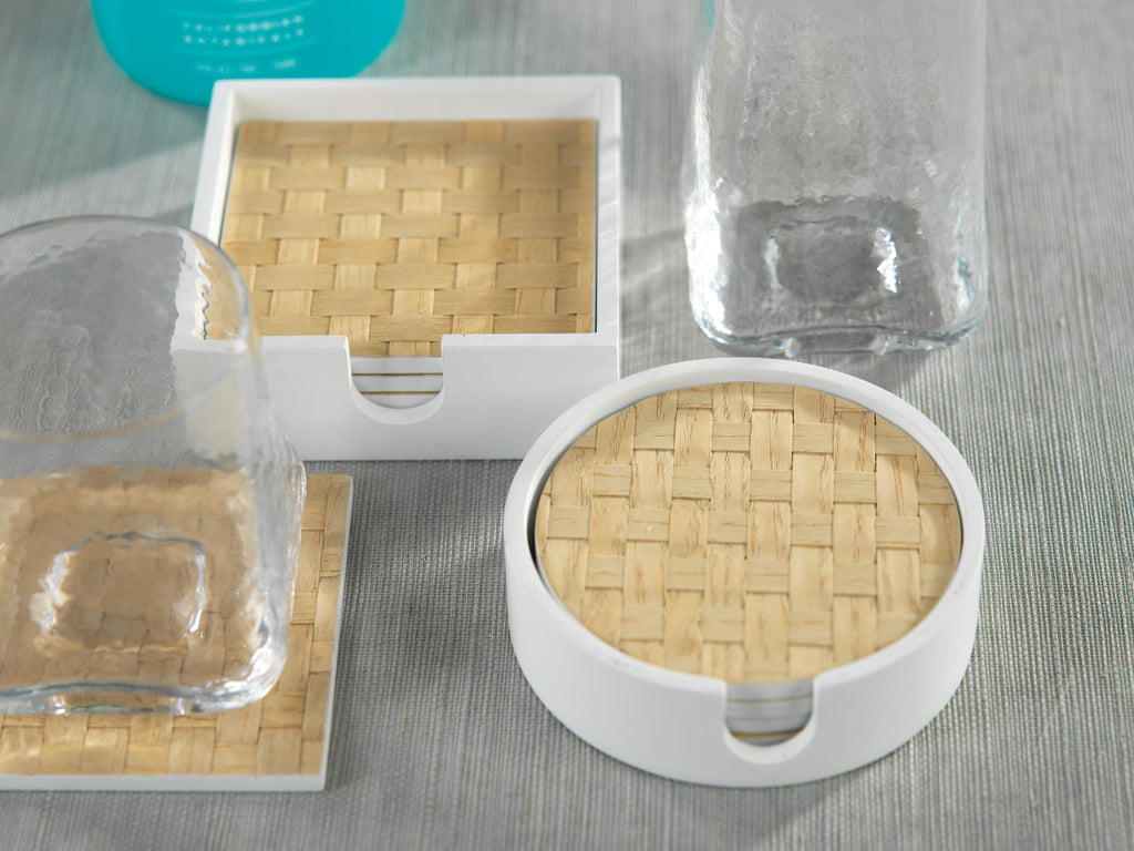 Zodax Square 4-Piece Woven Ash White Coaster Set with Holder