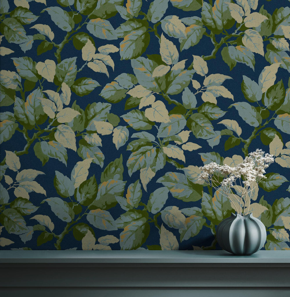 Brewster Home Fashions Leaves Navy Wallpaper