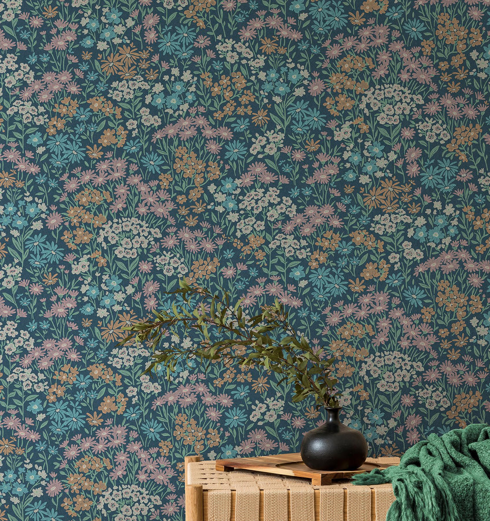 Brewster Home Fashions Flowers Dark Blue Wallpaper