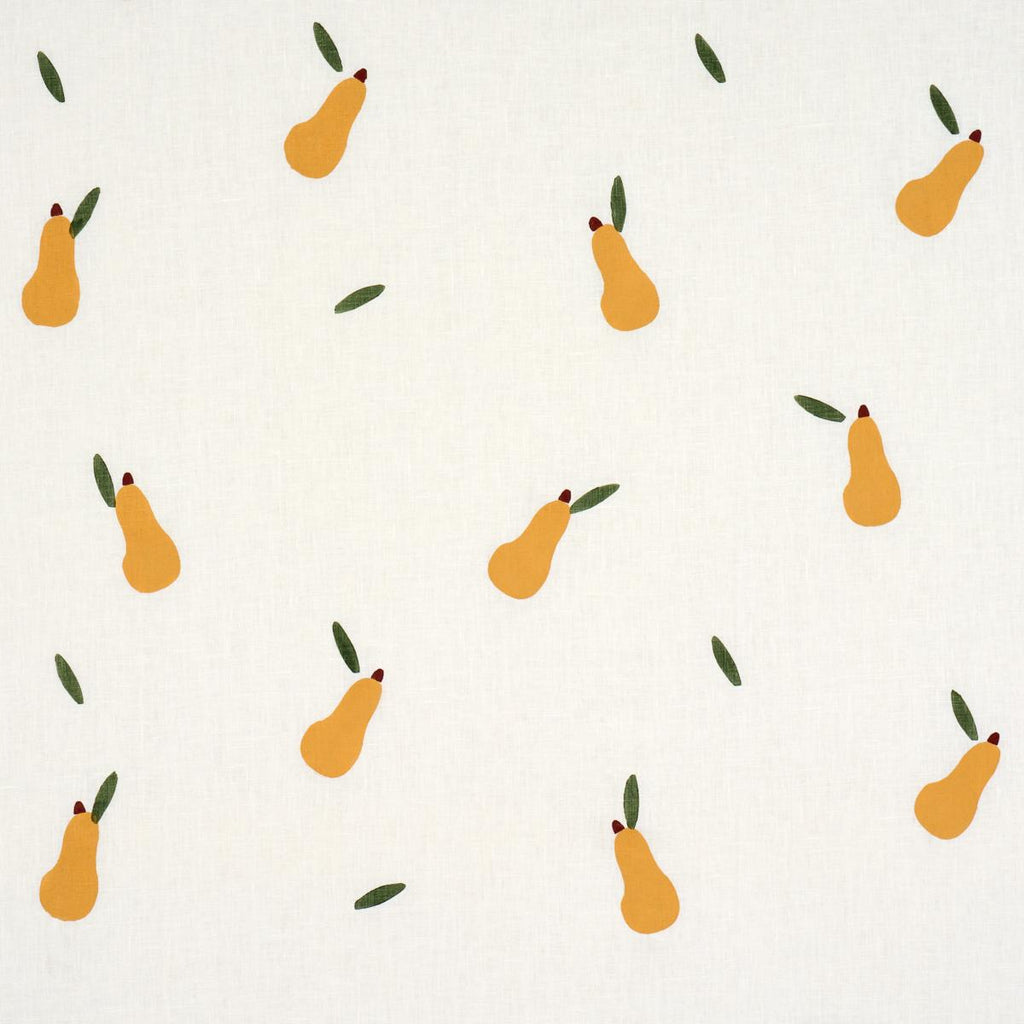 Schumacher Pears Hand Block Print Green And Ochre On White Fabric