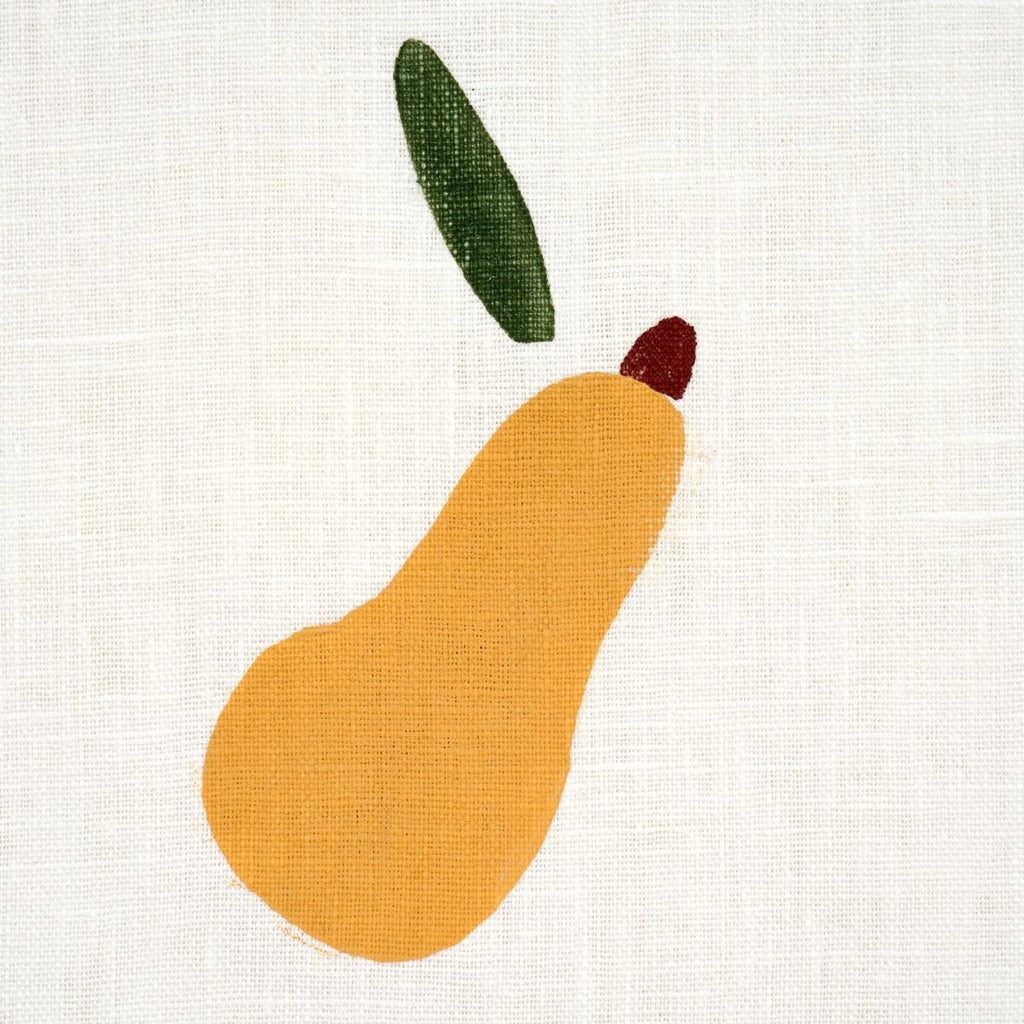 Schumacher Pears Hand Block Print Green And Ochre On White Fabric