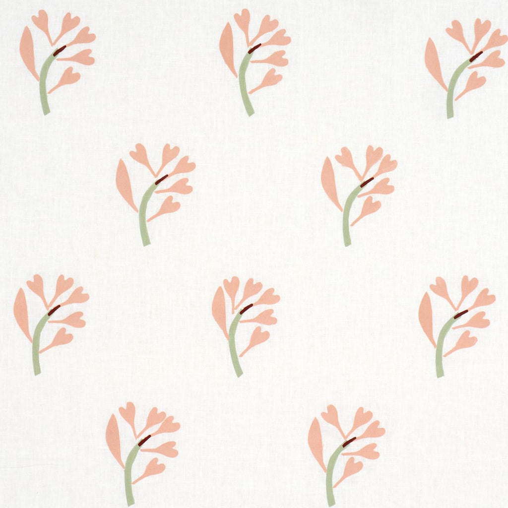 Schumacher Ginkgo Hand Block Print Pink And Sage On White Fabric