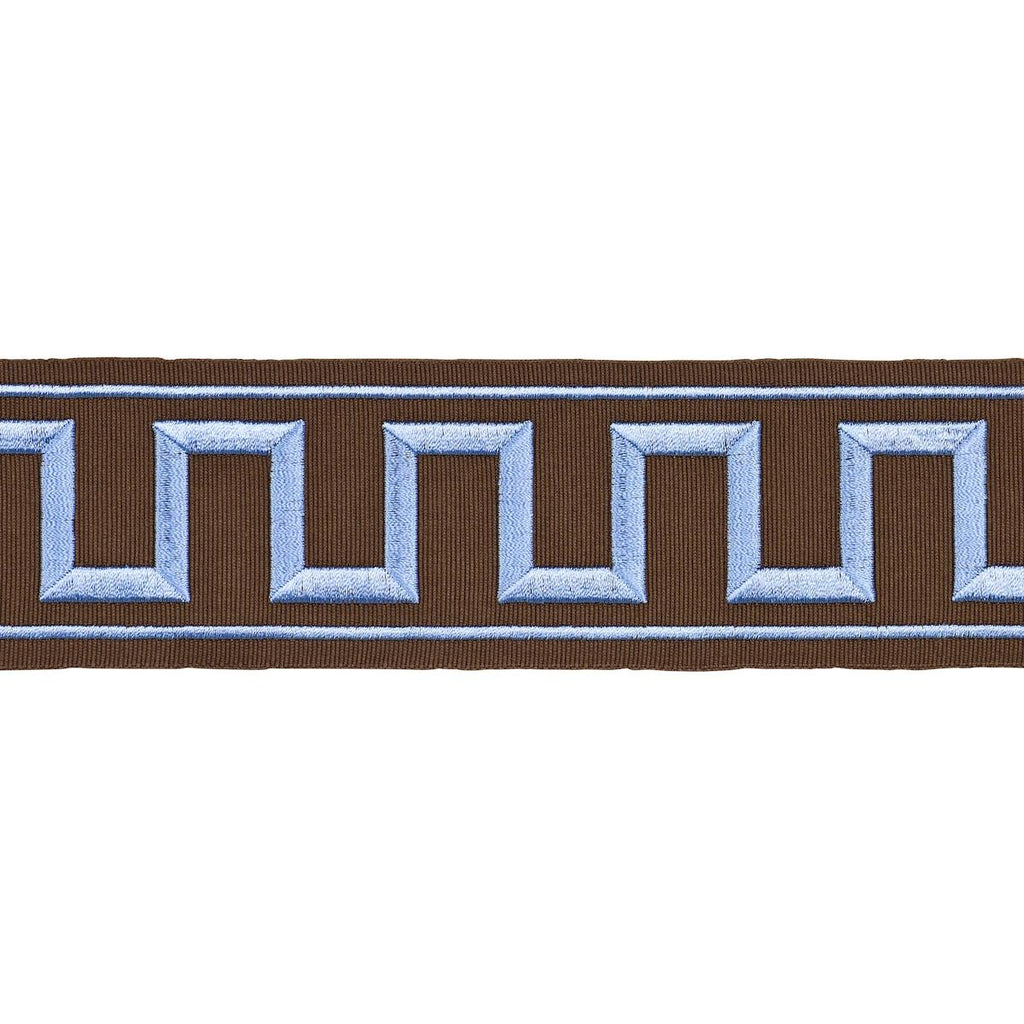 Schumacher Greek Key Embroidered Tape Blue On Brown Trim