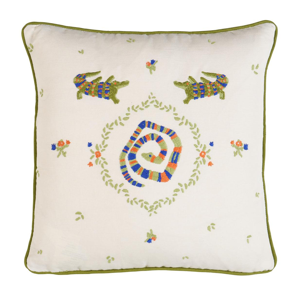 Schumacher Reptilia Embroidery Bright Multi On Ivory 16" x 16" Pillow