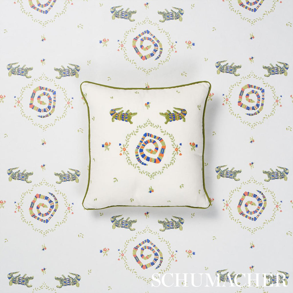 Schumacher Reptilia Embroidery Bright Multi On Ivory 16" x 16" Pillow