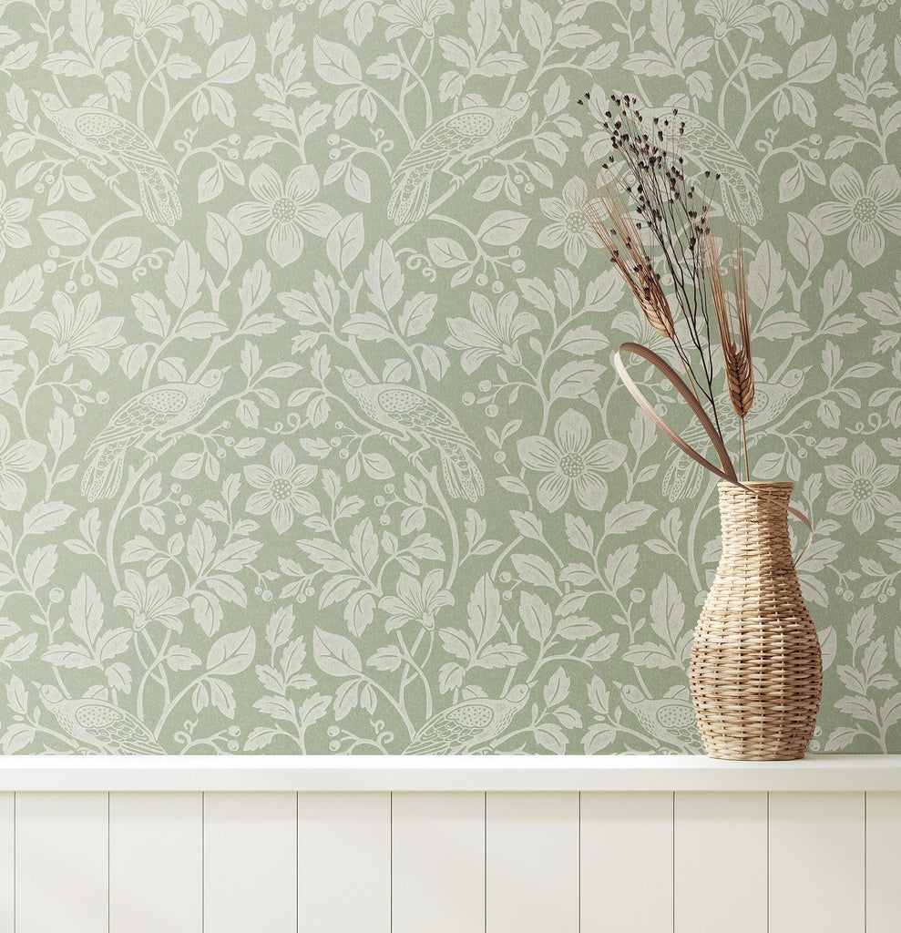 Brewster Home Fashions Marlow Green Bird Vine Wallpaper