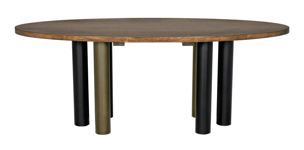 NOIR Journal Oval Dining Table Dark Walnut with Black & Aged Brass Steel Base