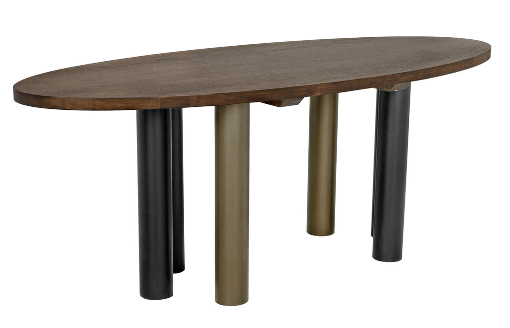 NOIR Journal Oval Dining Table Dark Walnut with Black & Aged Brass Steel Base