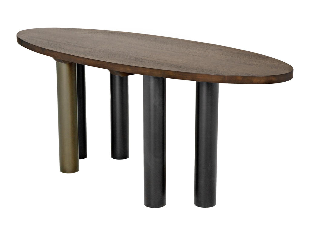 NOIR Journal Oval Dining Table Dark Walnut with Black & Aged Brass Steel Base