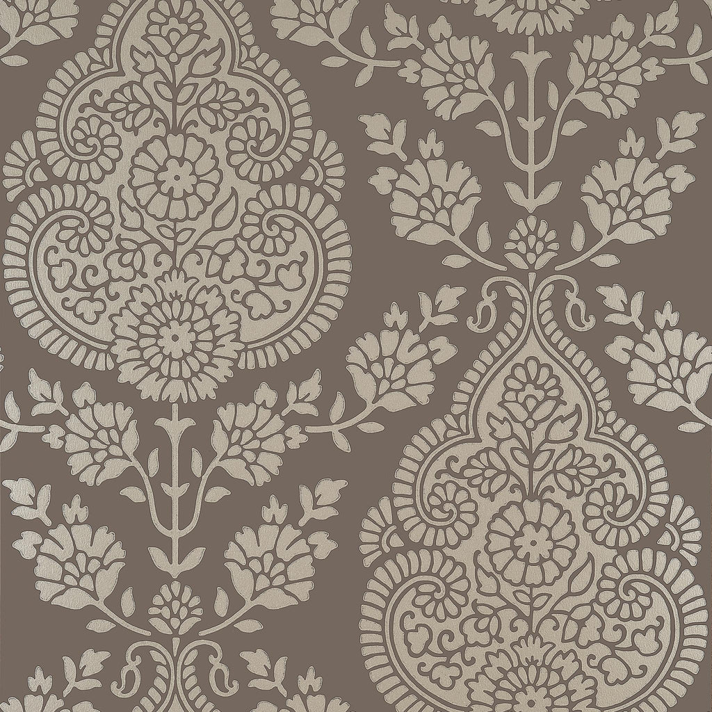 Anna French BALMUCCIA DAMASK Pewter on Chestnut Wallpaper