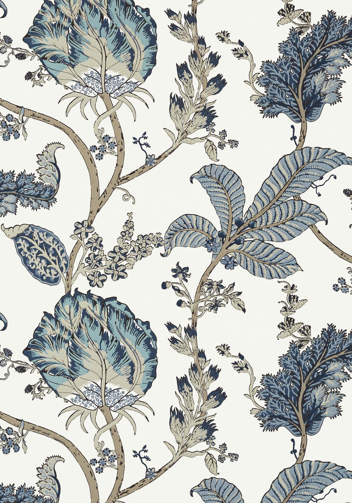 Thibaut KALAMKARI VINE Blue and White Wallpaper