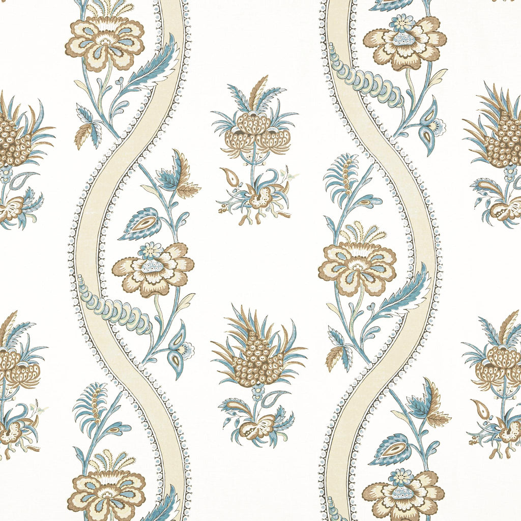 Thibaut RIBBON FLORAL Beige and Spa Blue Fabric