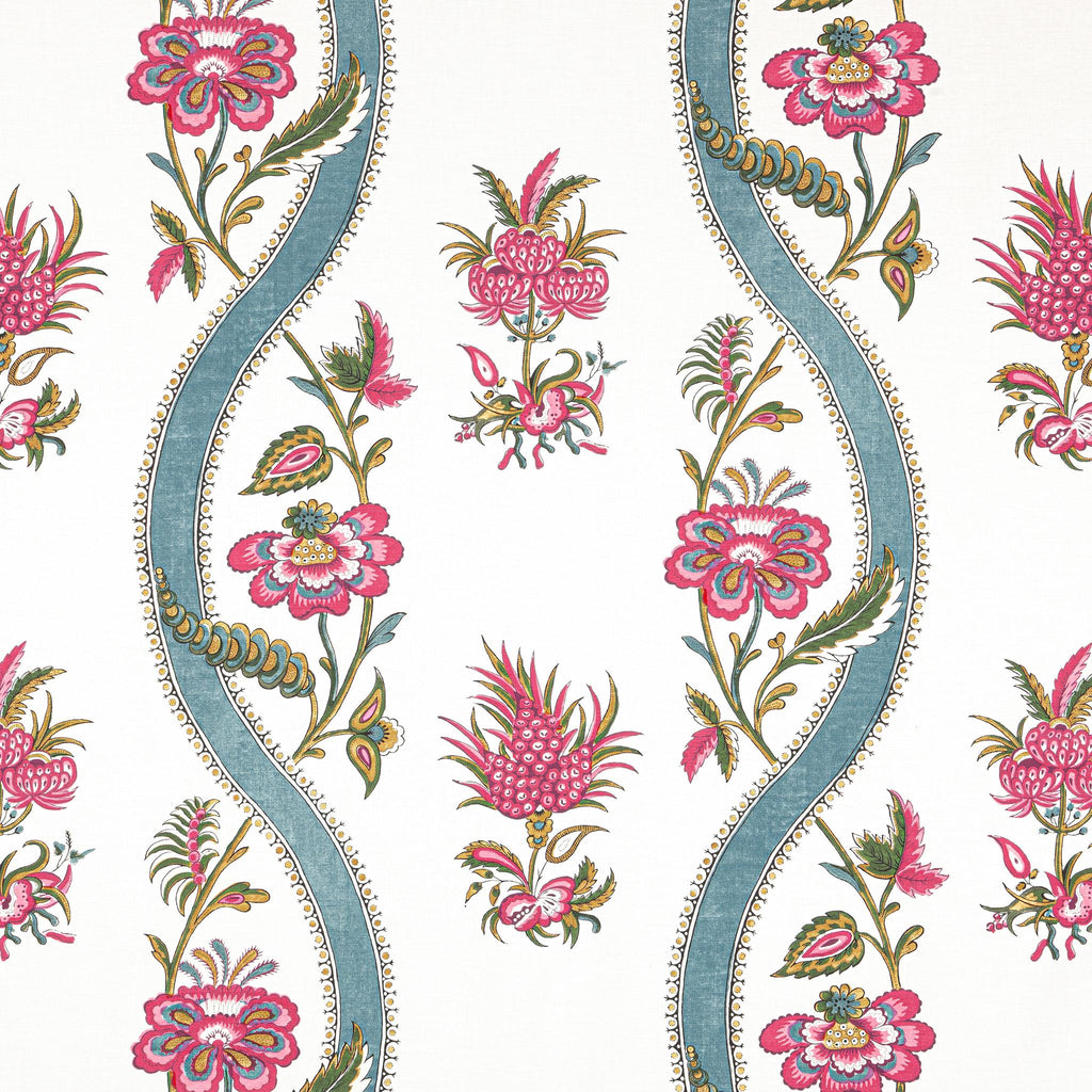 Thibaut RIBBON FLORAL Raspberry and Teal Fabric