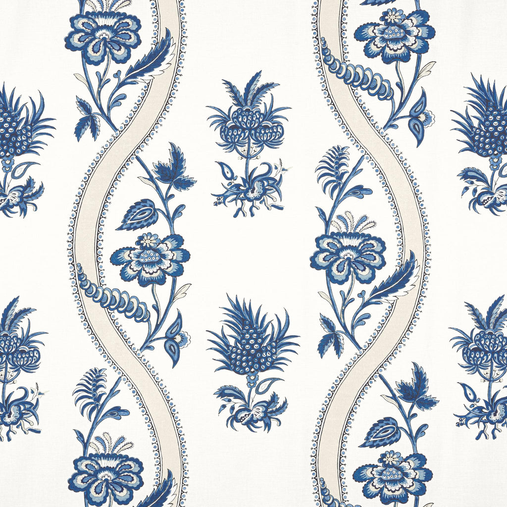 Thibaut RIBBON FLORAL Blue and White Fabric