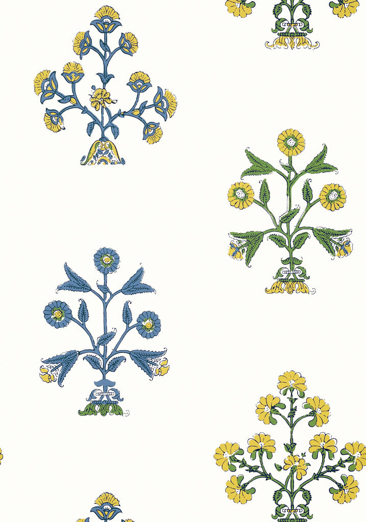 Thibaut INDIAN FLOWER Blue and Yellow Wallpaper