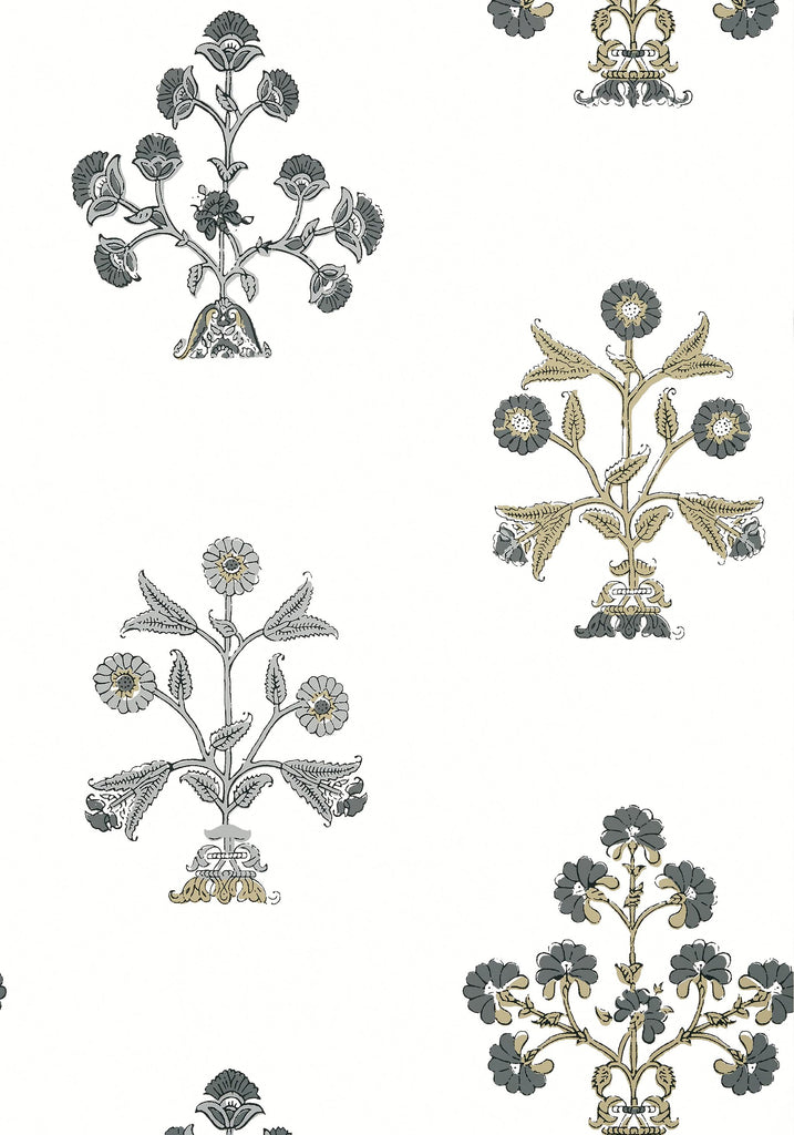 Thibaut INDIAN FLOWER Black and White Wallpaper