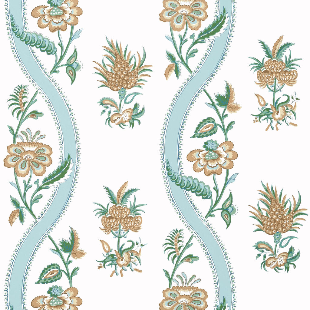 Thibaut RIBBON FLORAL Seaglass and Gold Wallpaper