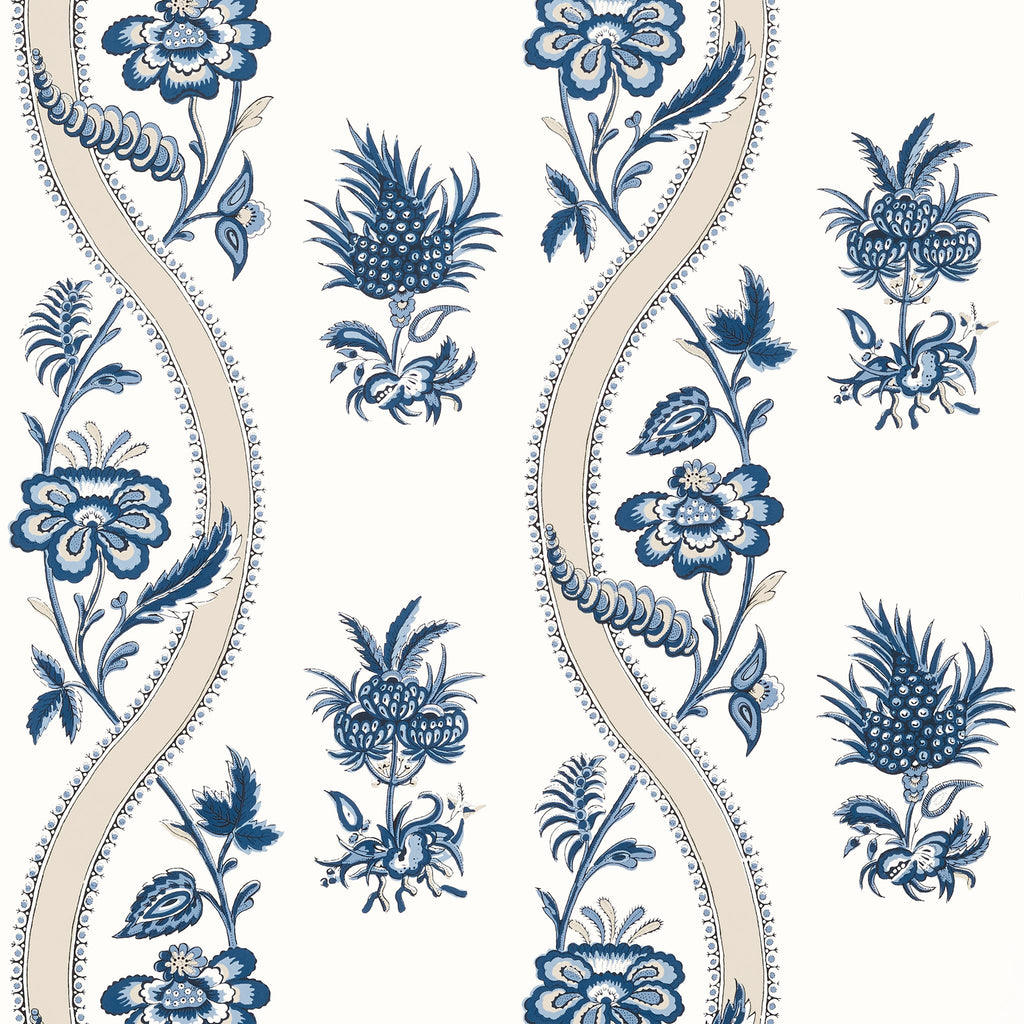 Thibaut RIBBON FLORAL Blue and White Wallpaper