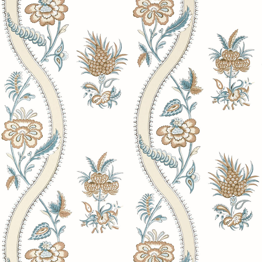 Thibaut RIBBON FLORAL Beige and Spa Blue Wallpaper