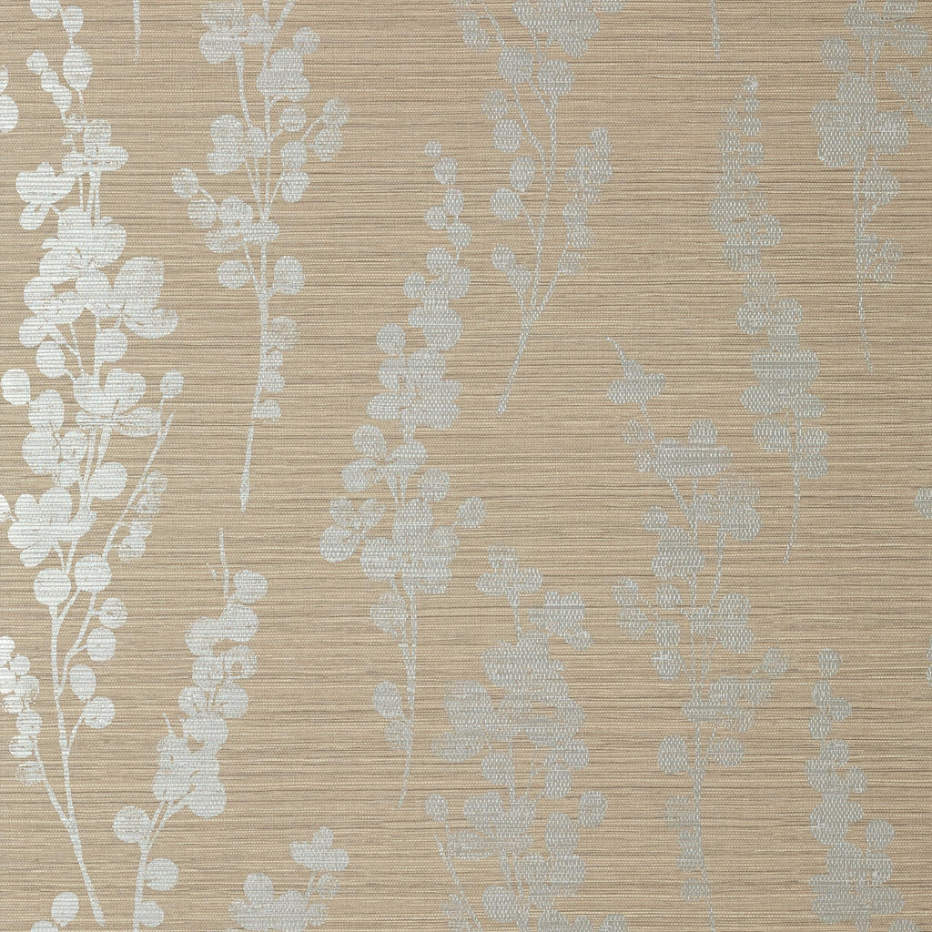 Thibaut SPRING BLOOMS Metallic Silver on Taupe Wallpaper