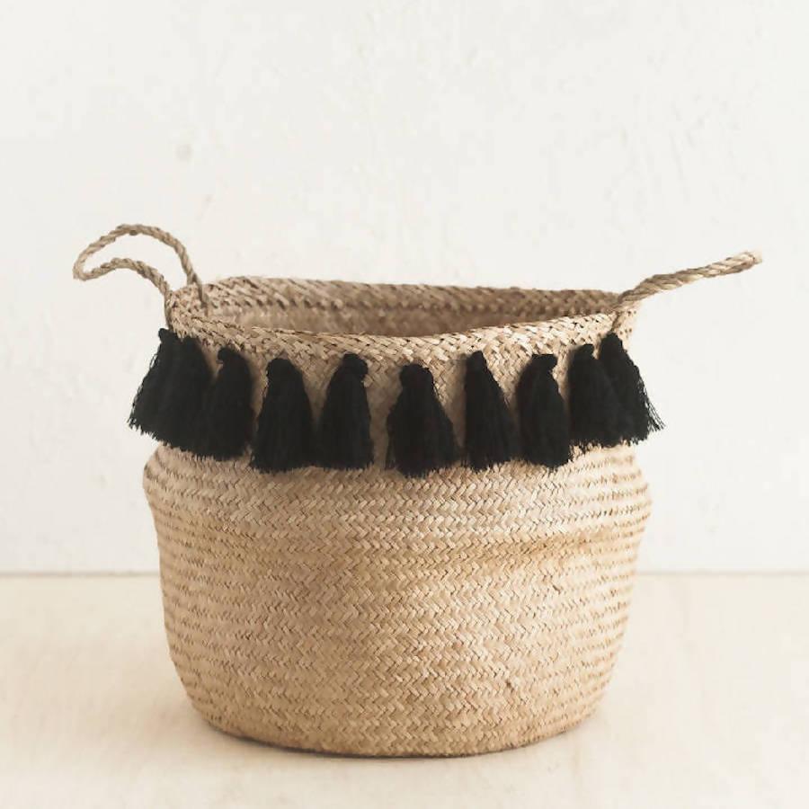 DecoratorsBest Medium Black Tasseled Belly Baskets