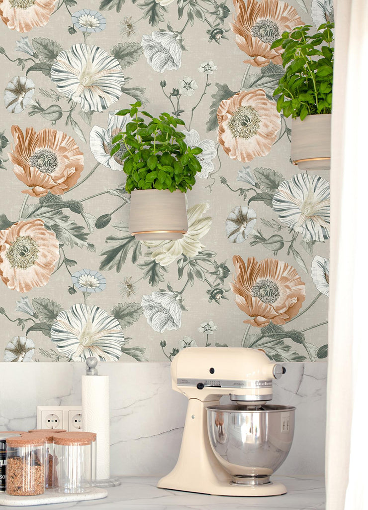 RoomMates Vintage Poppy Orange Peel and Stick Neutral Wallpaper