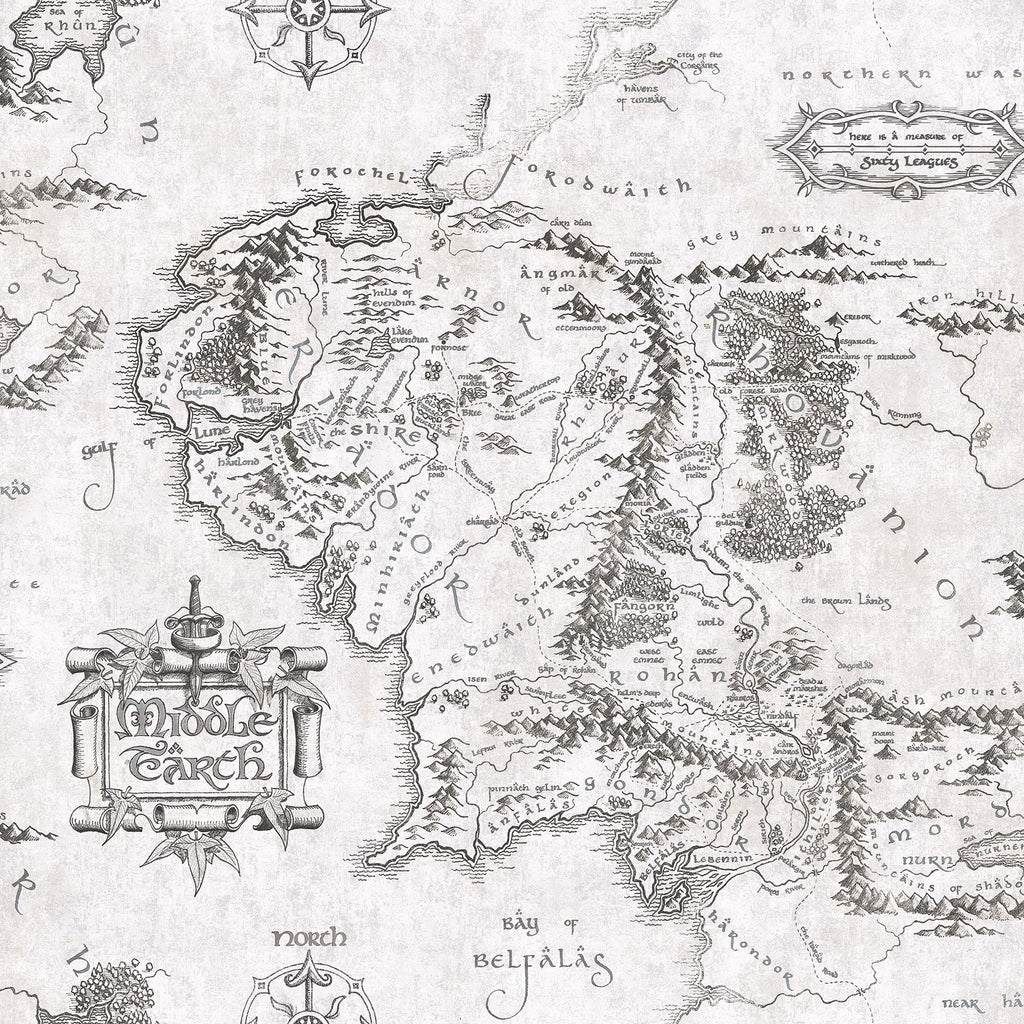 RoomMates Lord of the Rings Black & White Middle Earth Map Peel and Stick White Wallpaper