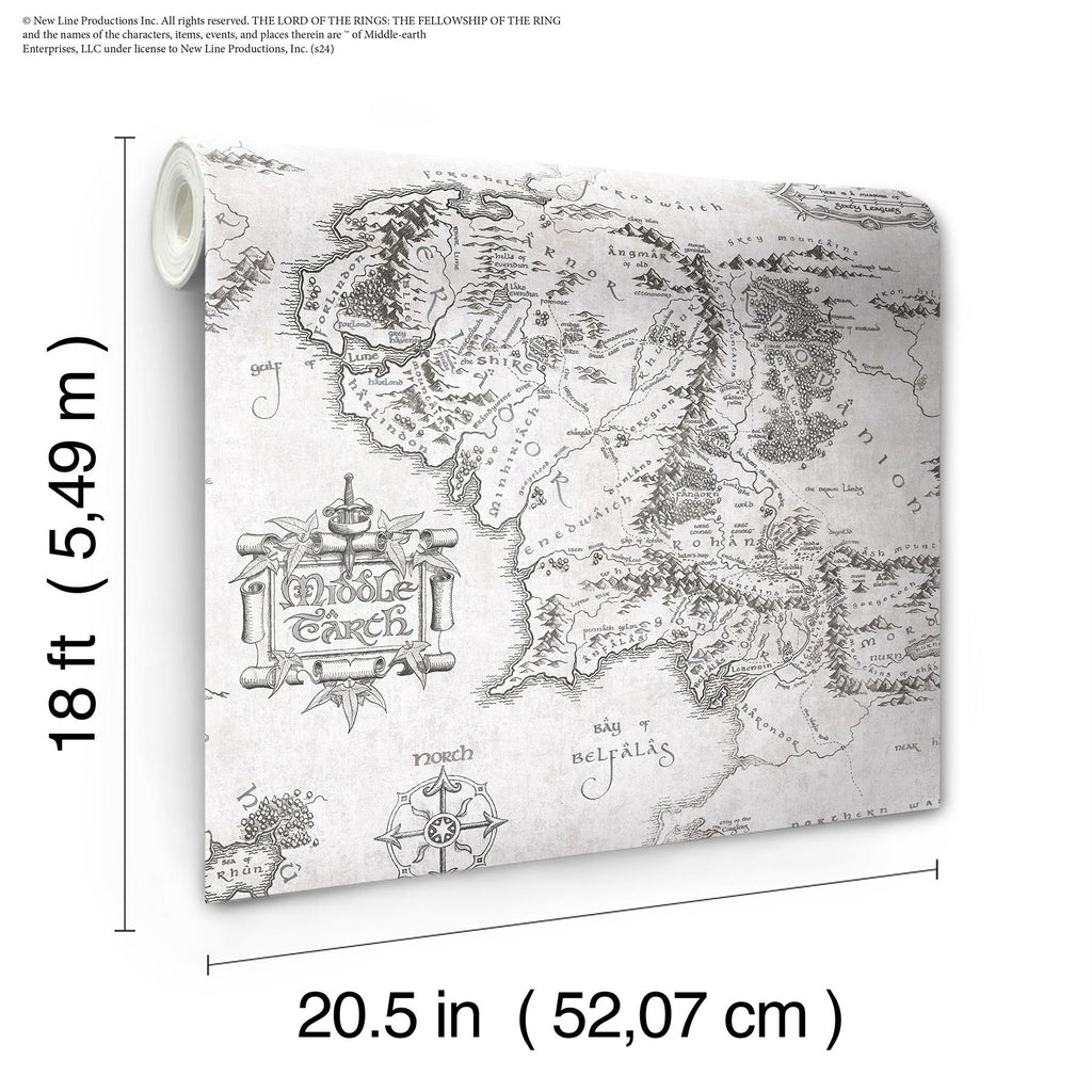 RoomMates Lord of the Rings Black & White Middle Earth Map Peel and Stick White Wallpaper