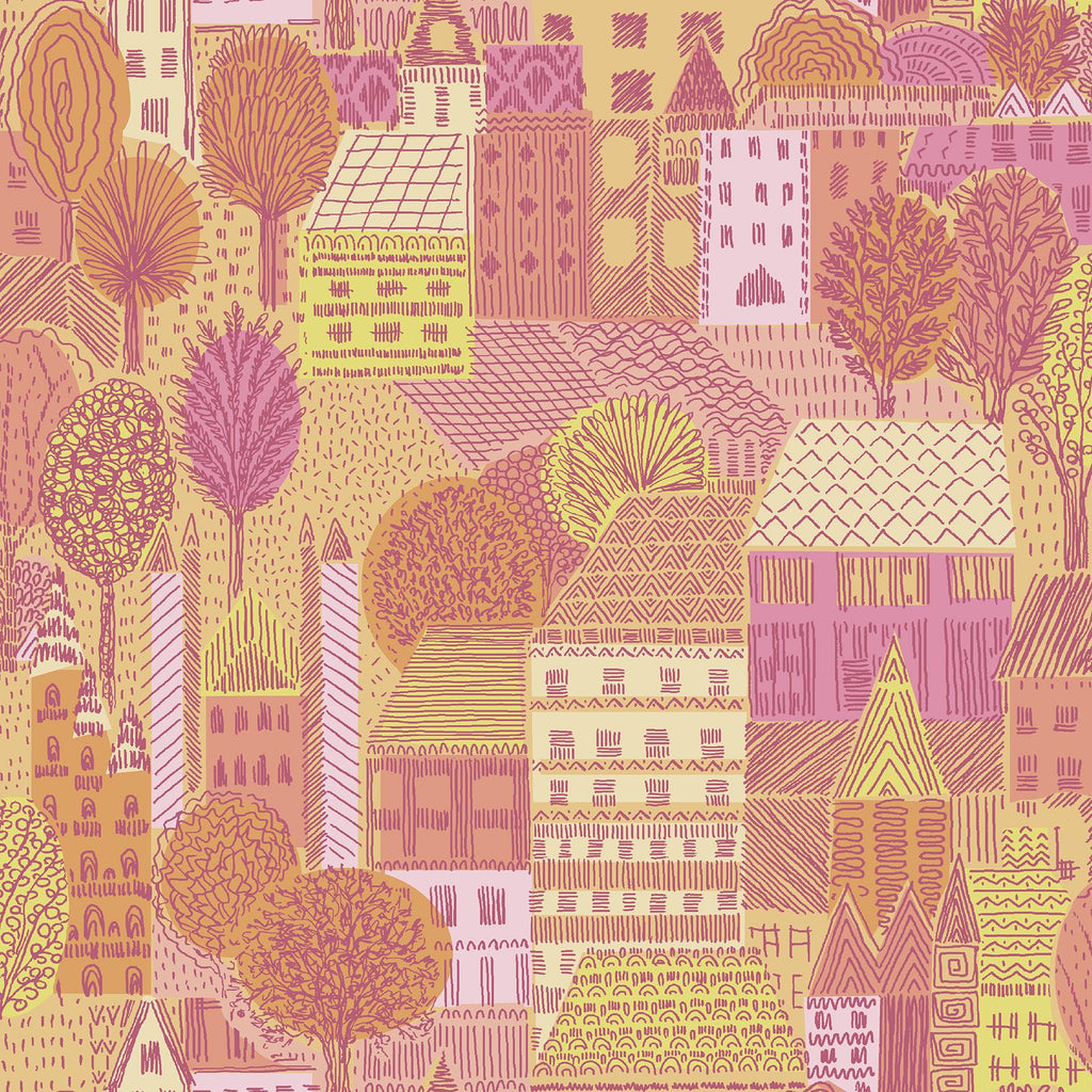 RoomMates Charming Village Pink & Orange Peel and Stick Pink Wallpaper