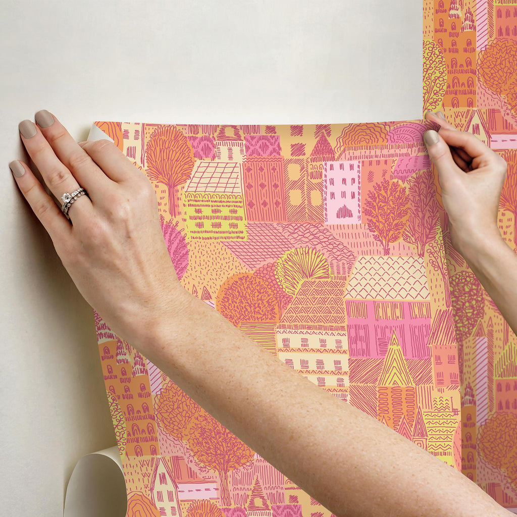 RoomMates Charming Village Pink & Orange Peel and Stick Pink Wallpaper