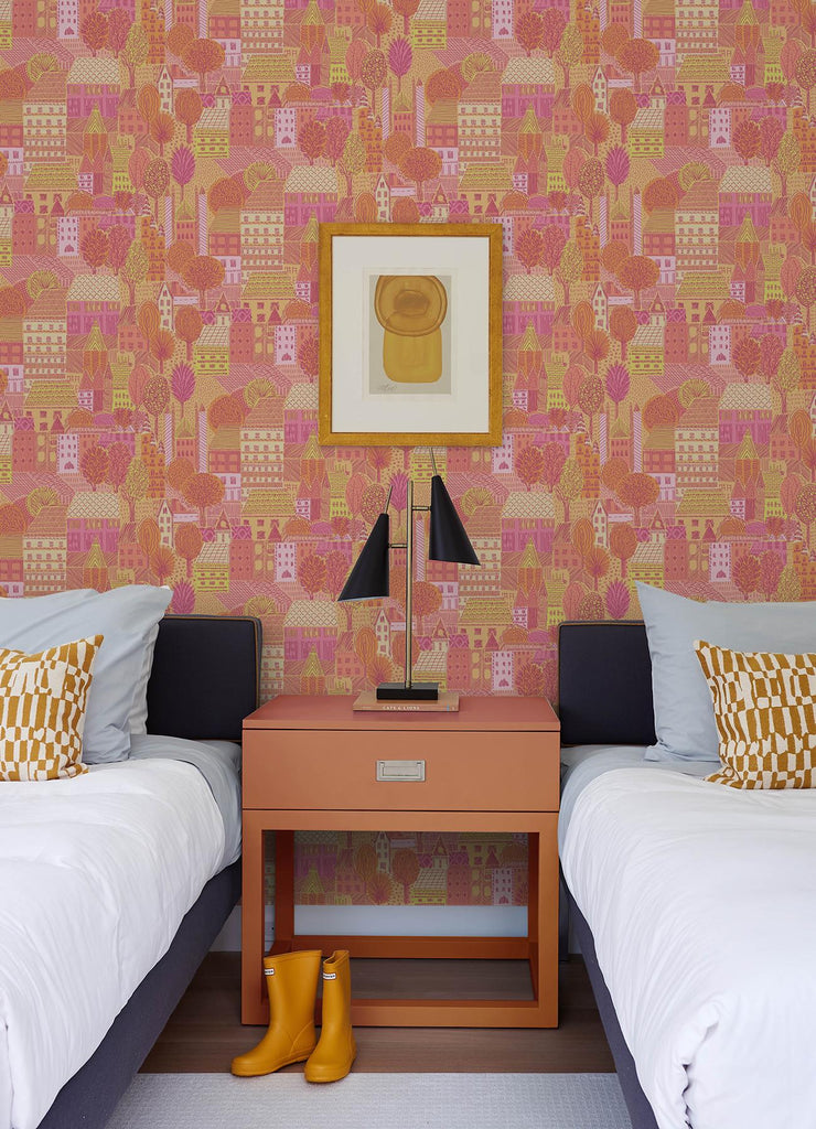 RoomMates Charming Village Pink & Orange Peel and Stick Pink Wallpaper