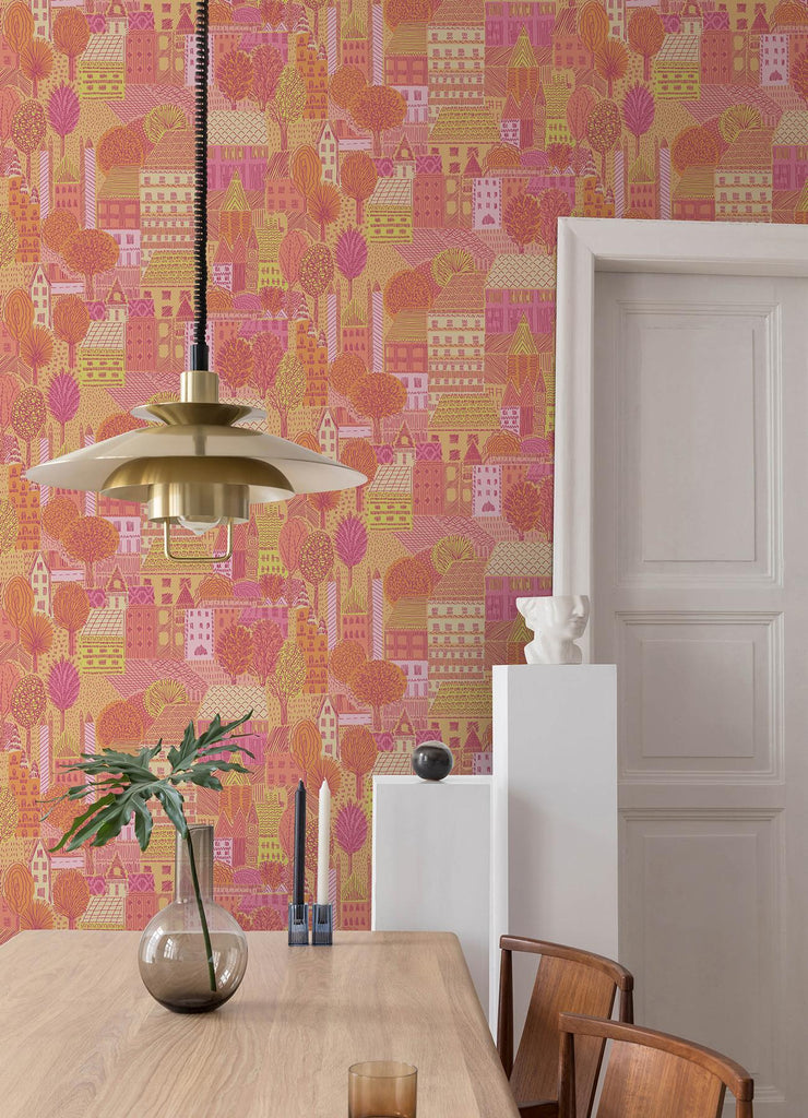 RoomMates Charming Village Pink & Orange Peel and Stick Pink Wallpaper