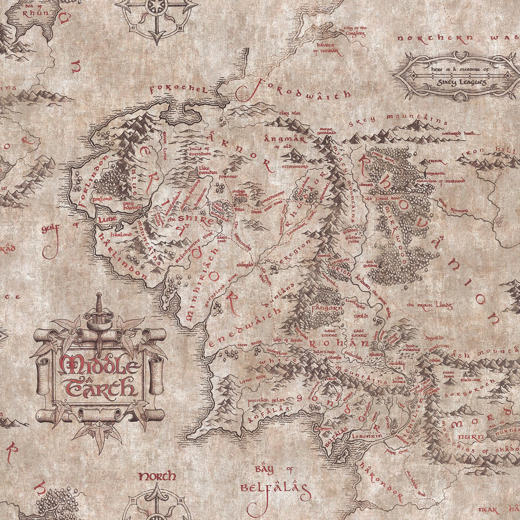 RoomMates Lord of the Rings Parchment Middle Earth Map Peel and Stick Brown Wallpaper