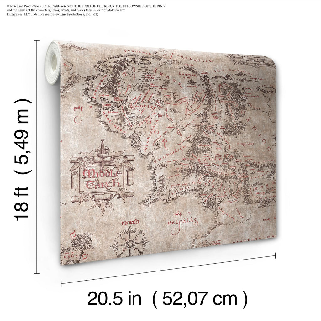 RoomMates Lord of the Rings Parchment Middle Earth Map Peel and Stick Brown Wallpaper