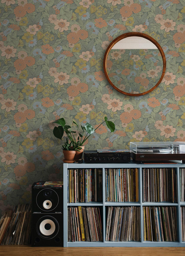 RoomMates Retro Floral Pink & Green Peel and Stick Green Wallpaper