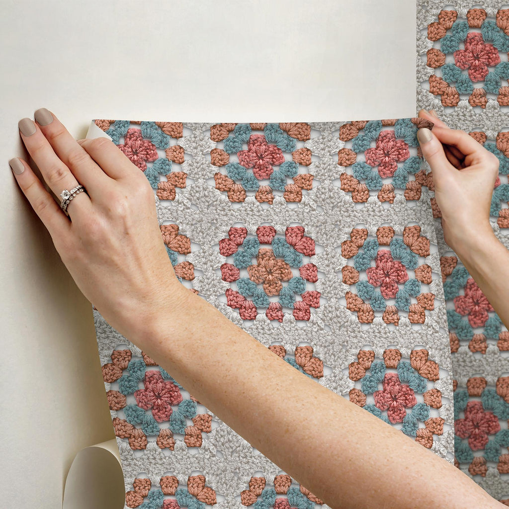 RoomMates Granny Square Cream & Pink Peel and Stick Orange Wallpaper