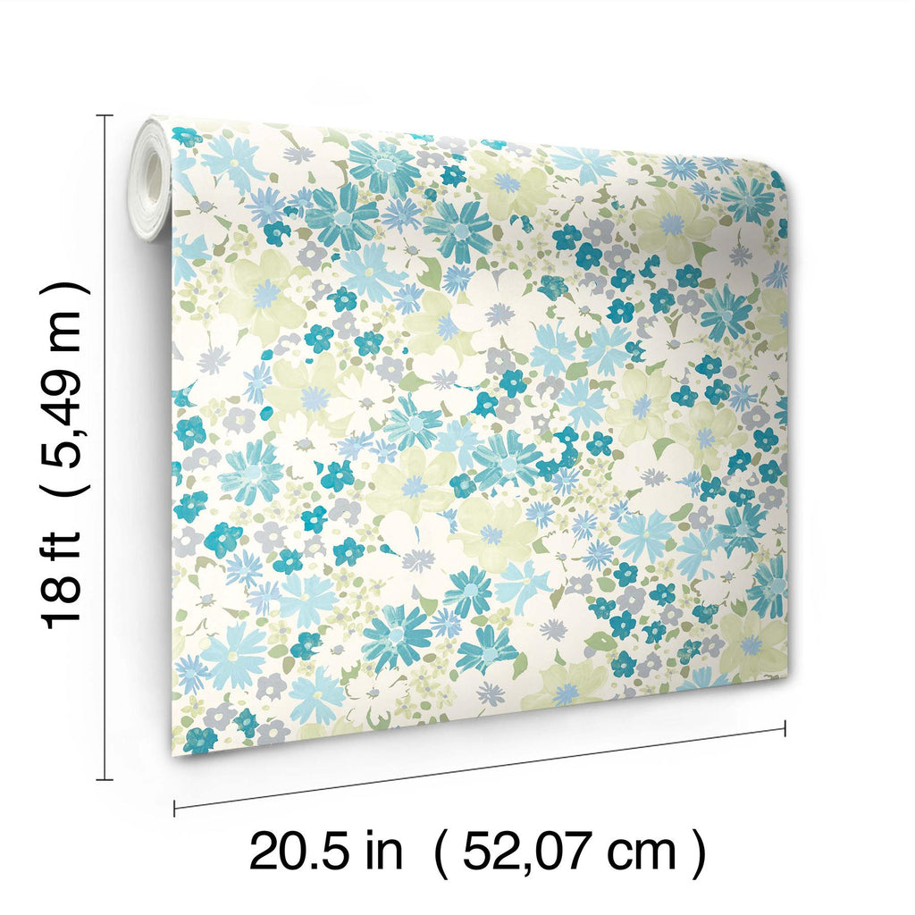 RoomMates Wildflower Impressions Aqua Peel and Stick Blue Wallpaper