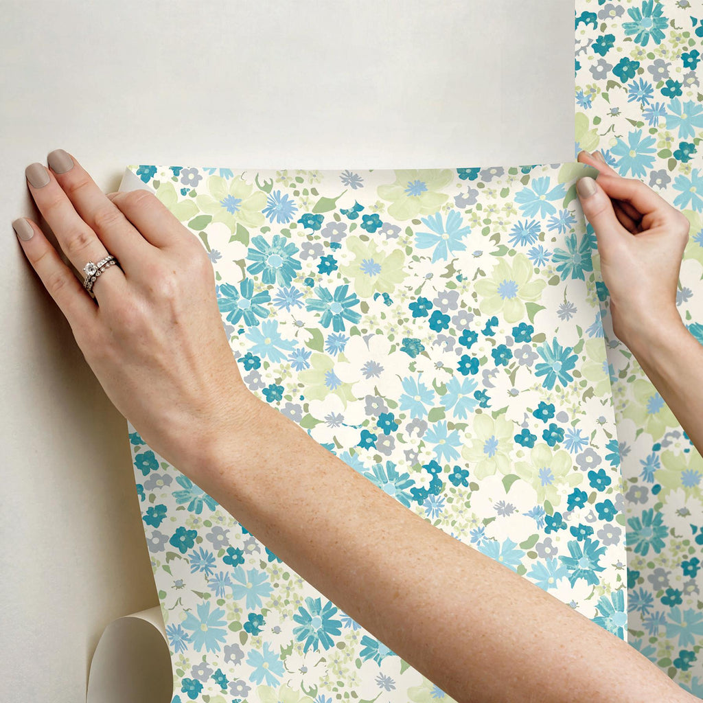 RoomMates Wildflower Impressions Aqua Peel and Stick Blue Wallpaper